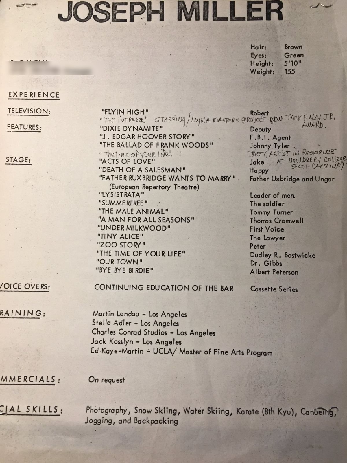 Joseph Miller's early acting resume